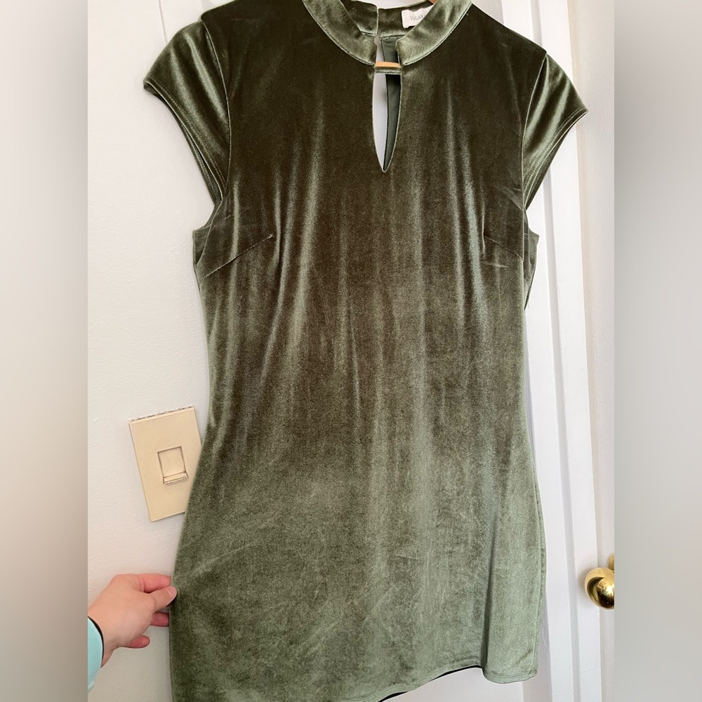 Sugar + Lips Olive Stretch Velvet Velour Fitted Mini Dress with Mandarin Collar